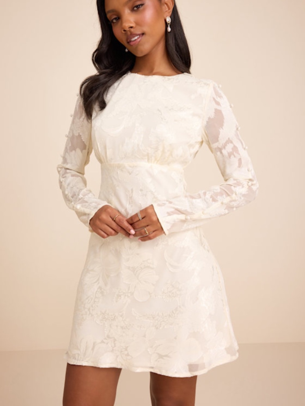 Lulus Agnes Ivory Jacquard Long Sleeve Mini Dress White - Size L